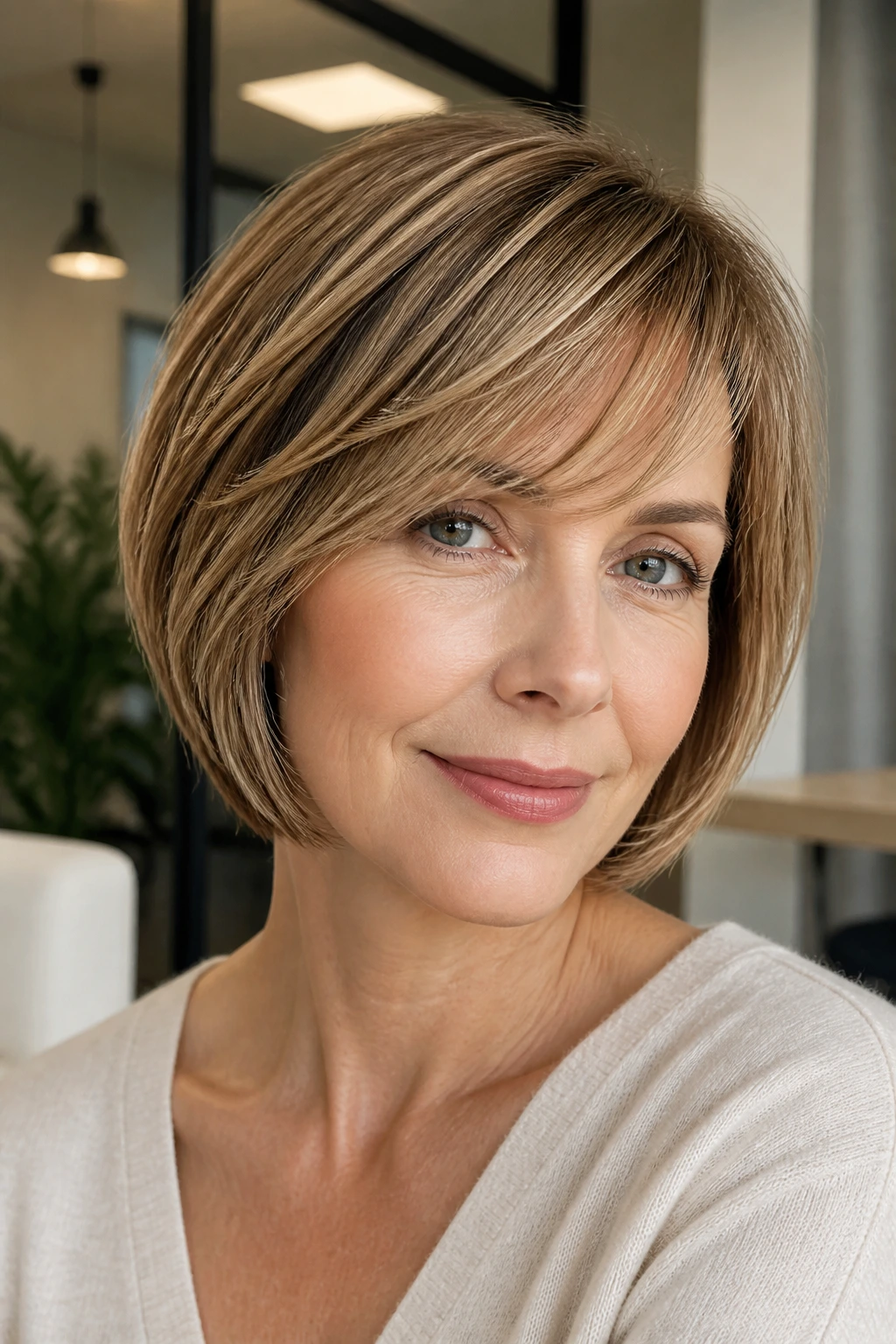 Close-up portrait of a woman with a side-parted bob and feathered fringe under soft daylight