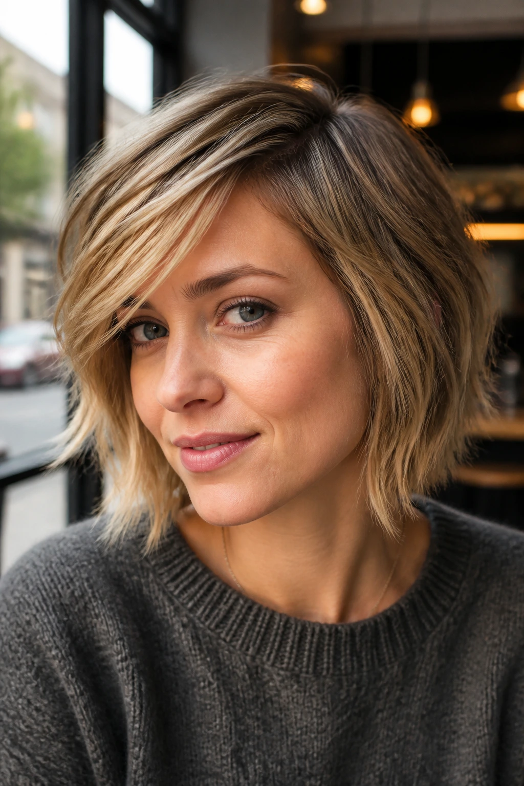 Close-up of real woman with side-parted piecey bob and swept bangs.