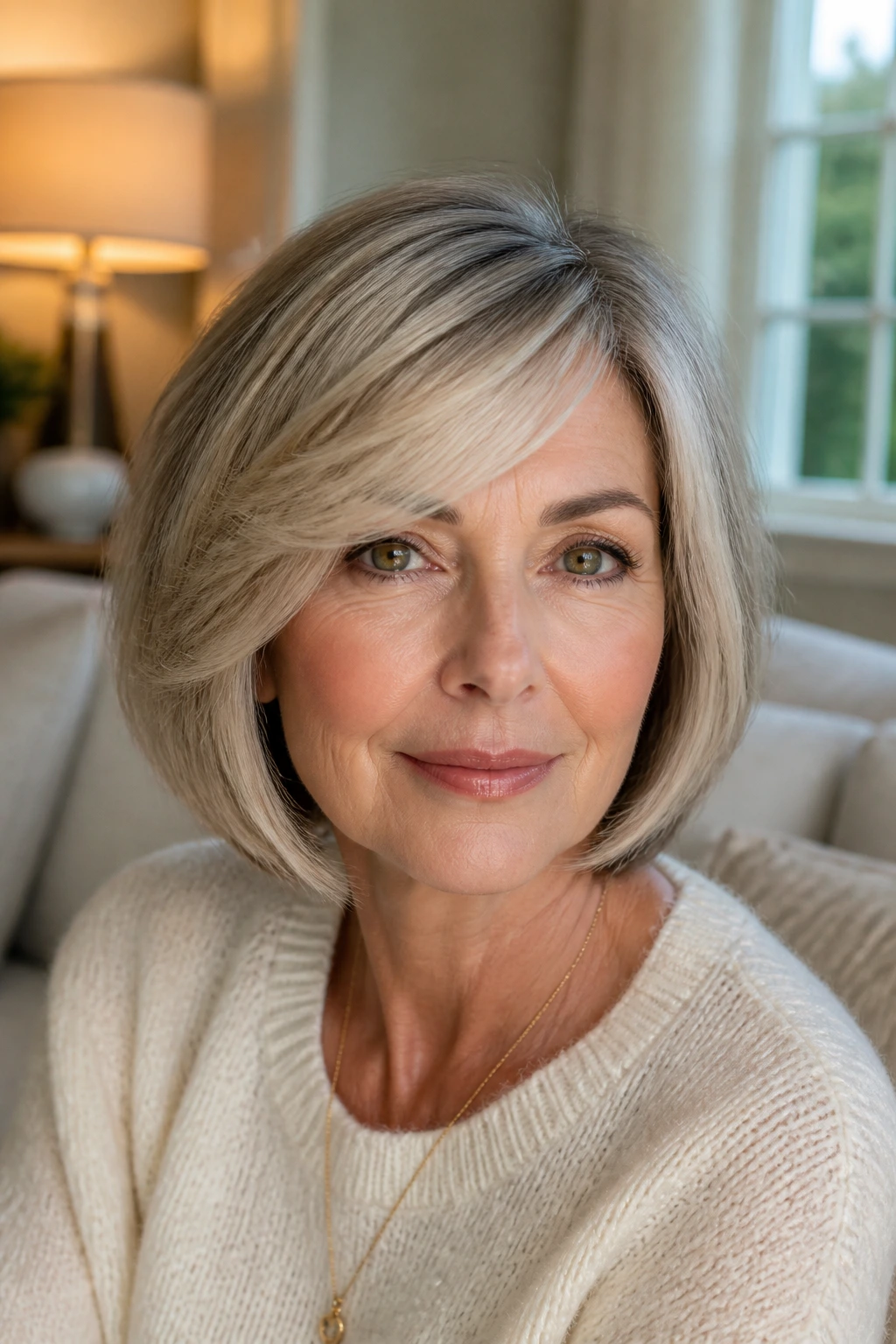 Portrait of a real woman wearing a side-parted bob with face-framing layers