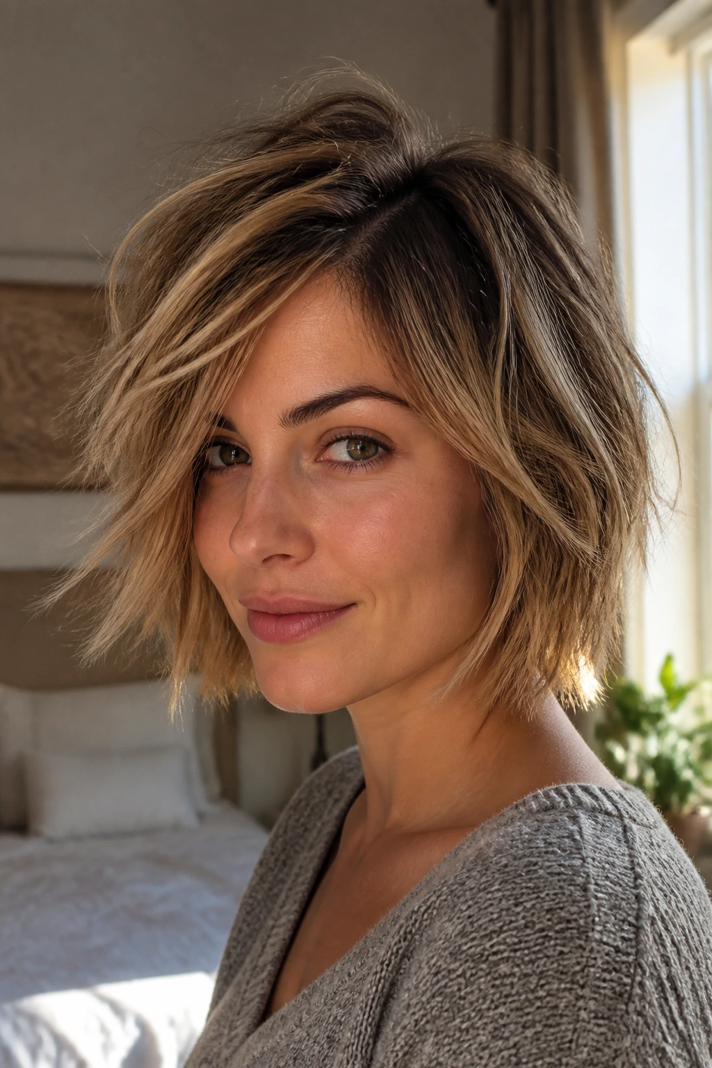 Close-up of a real person with a side-parted choppy bob shag and face-framing layers.