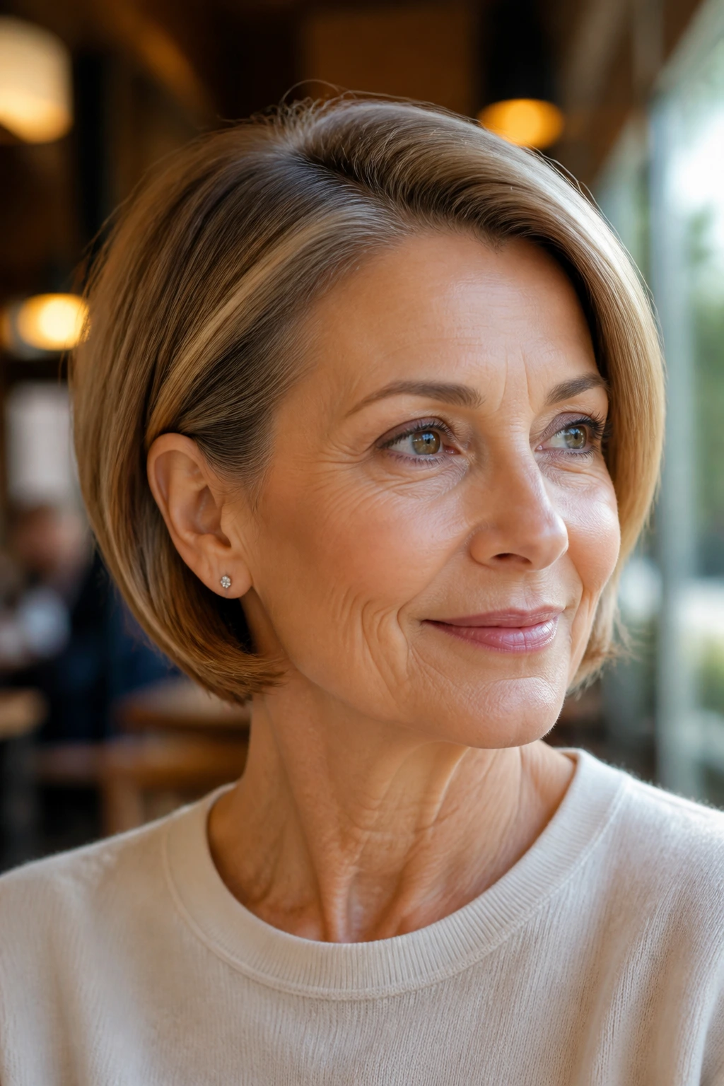 Portrait of a real woman with a side-parted bob and tucked ends.
