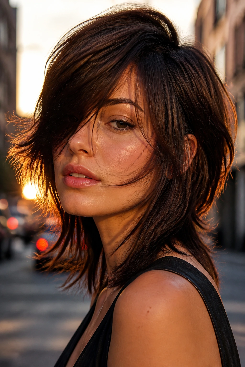 Close-up of a real woman with a cheekbone veil from a side-parted shag