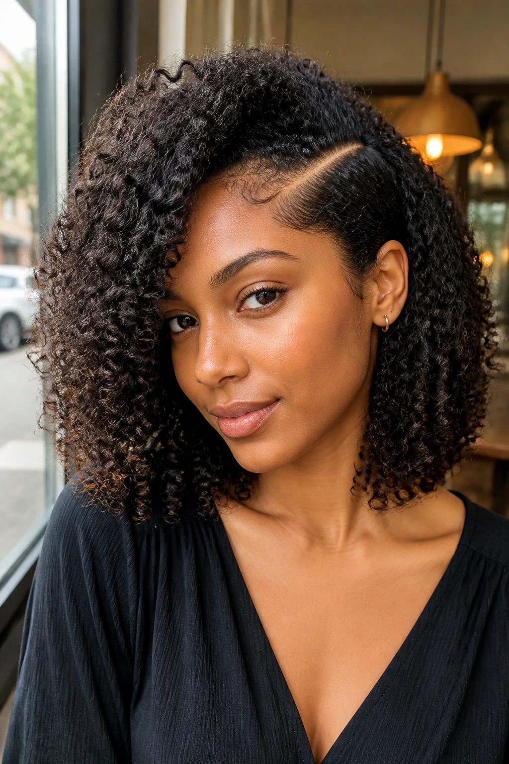 Real person with side-parted collarbone cut highlighting part and face framing