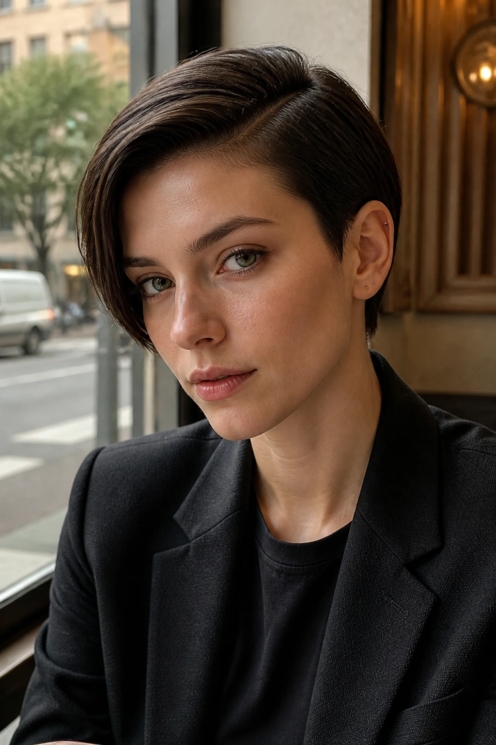 Close-up of a real person with side-parted crop and ear tuck in cafe light