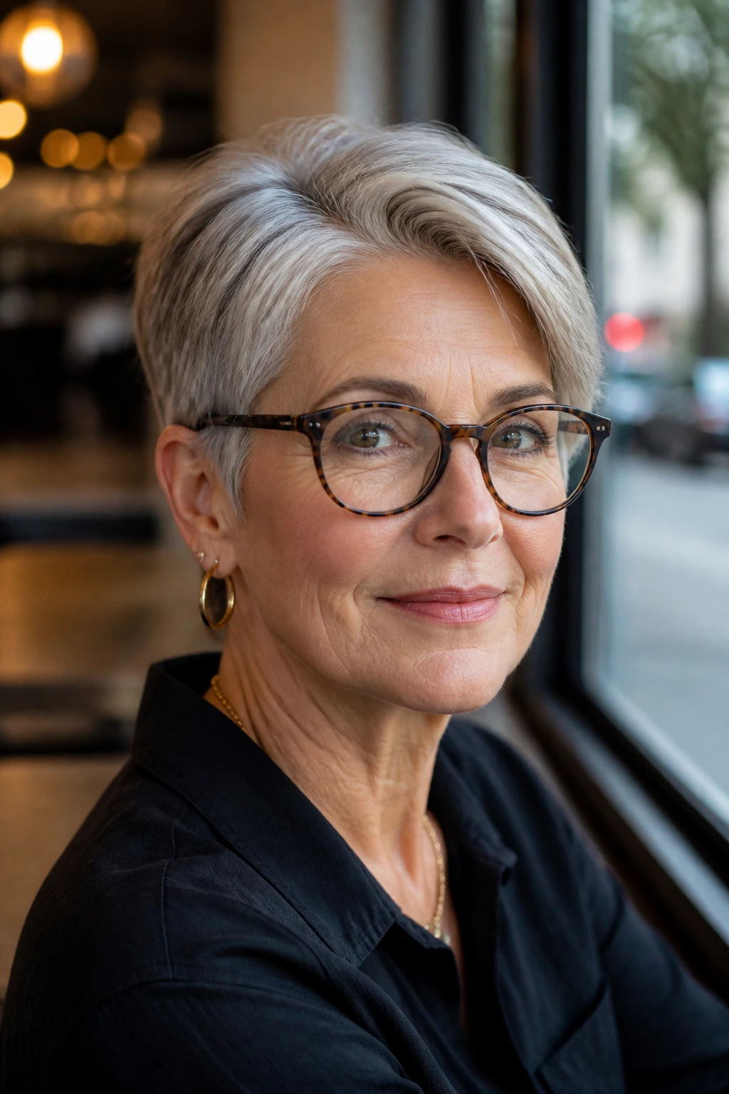 Portrait of a woman with a side-parted crop and visible glasses.