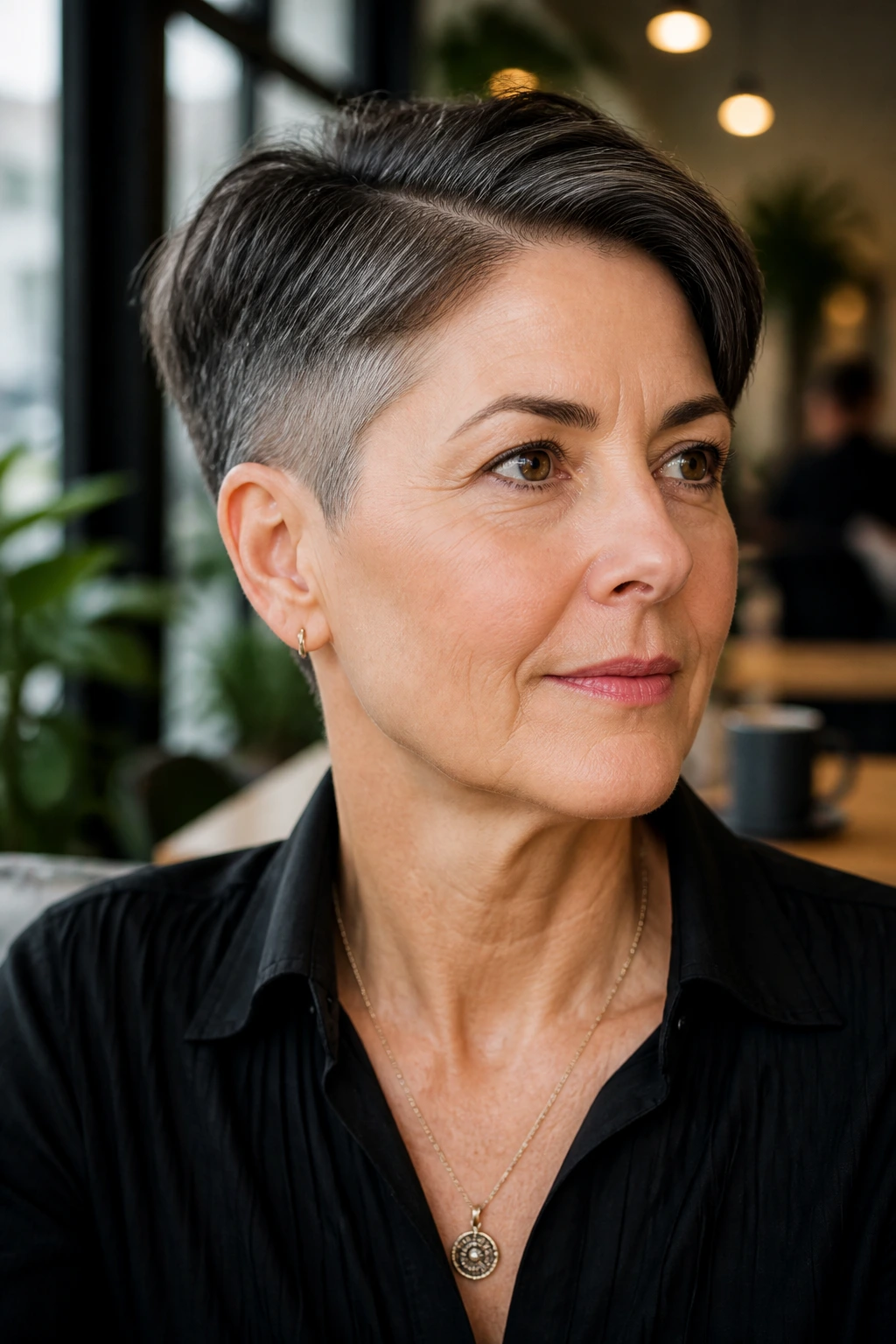 Head-and-shoulders portrait of a real woman with a side-parted crop and temple fade in a polished setting