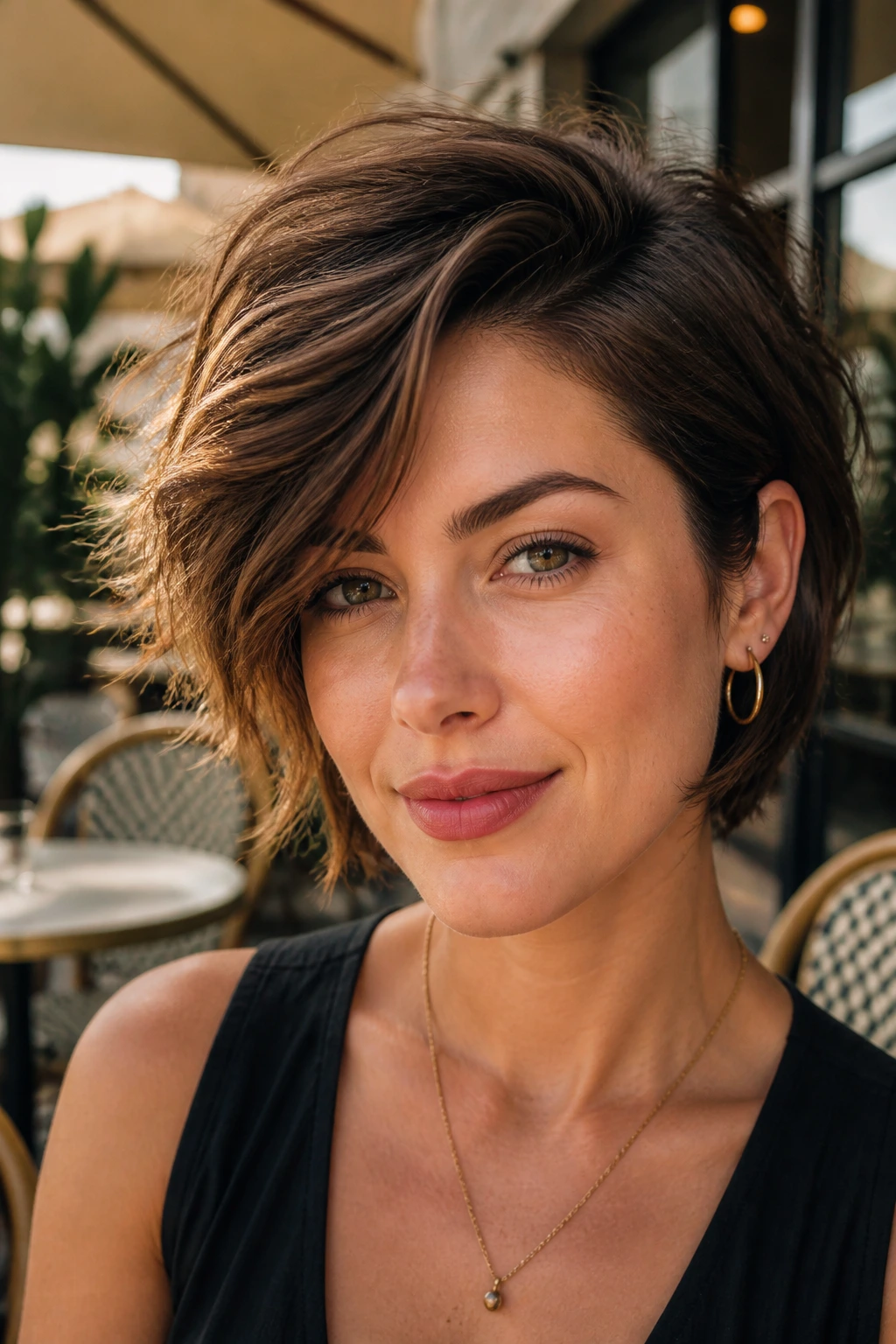 Close-up of a real woman with a side-parted cropped shag in a cafe setting