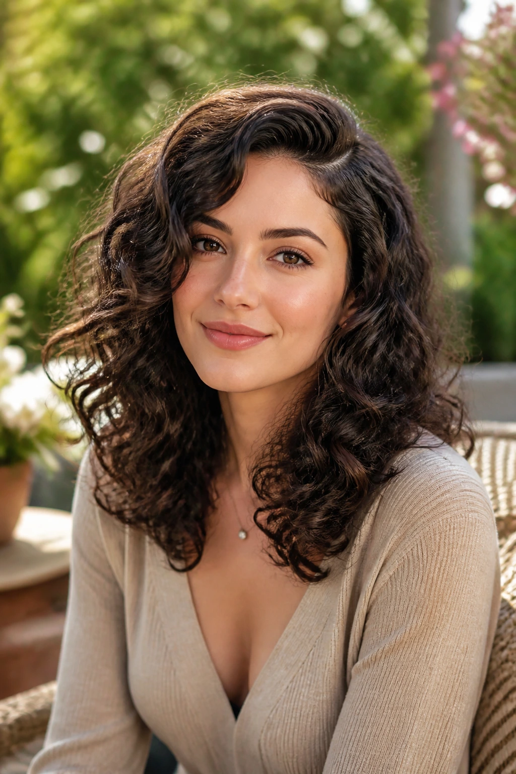 Close-up of a woman with side-parted curls and layered ends outdoors