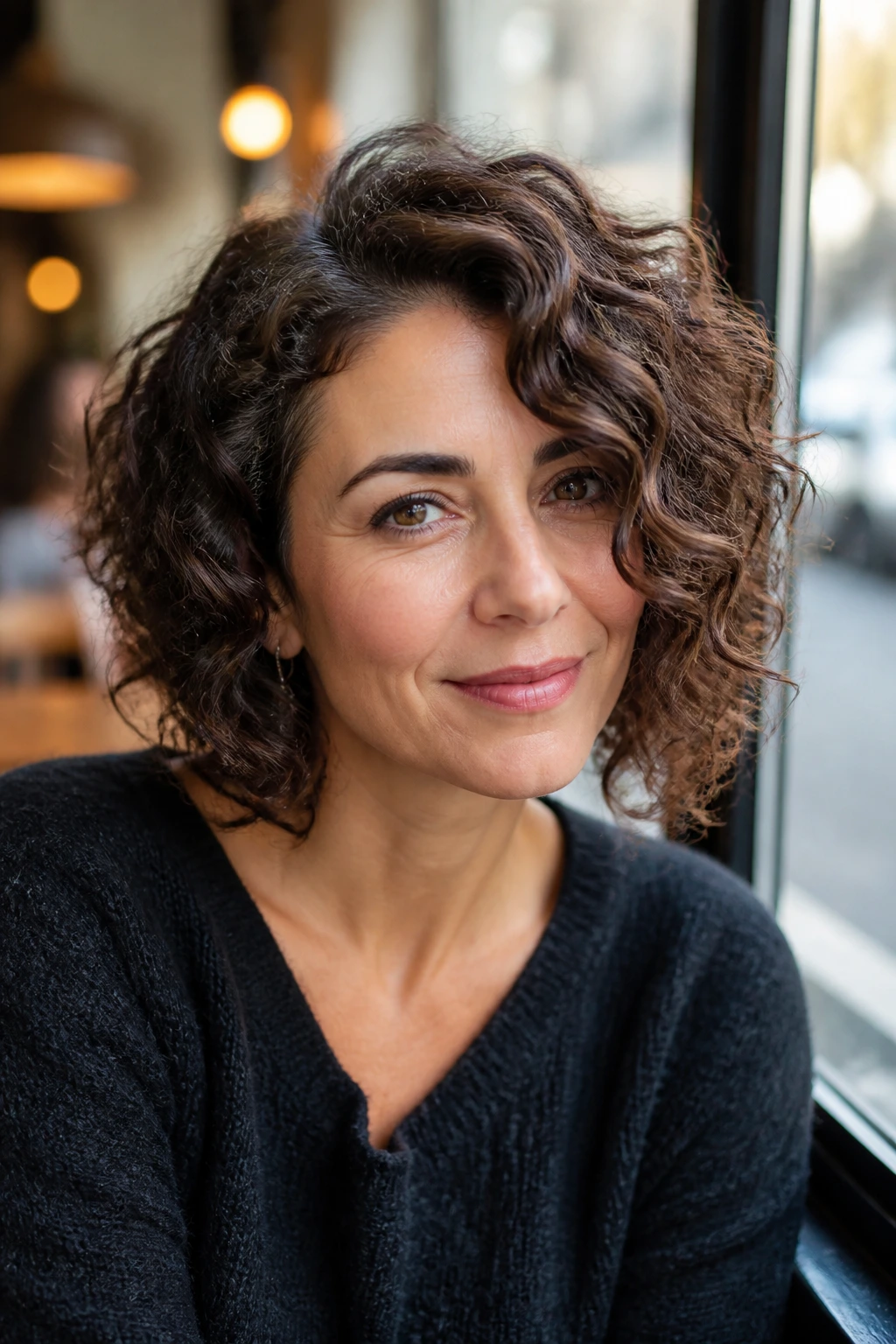 Real person with side-parted curly bob and long face frame