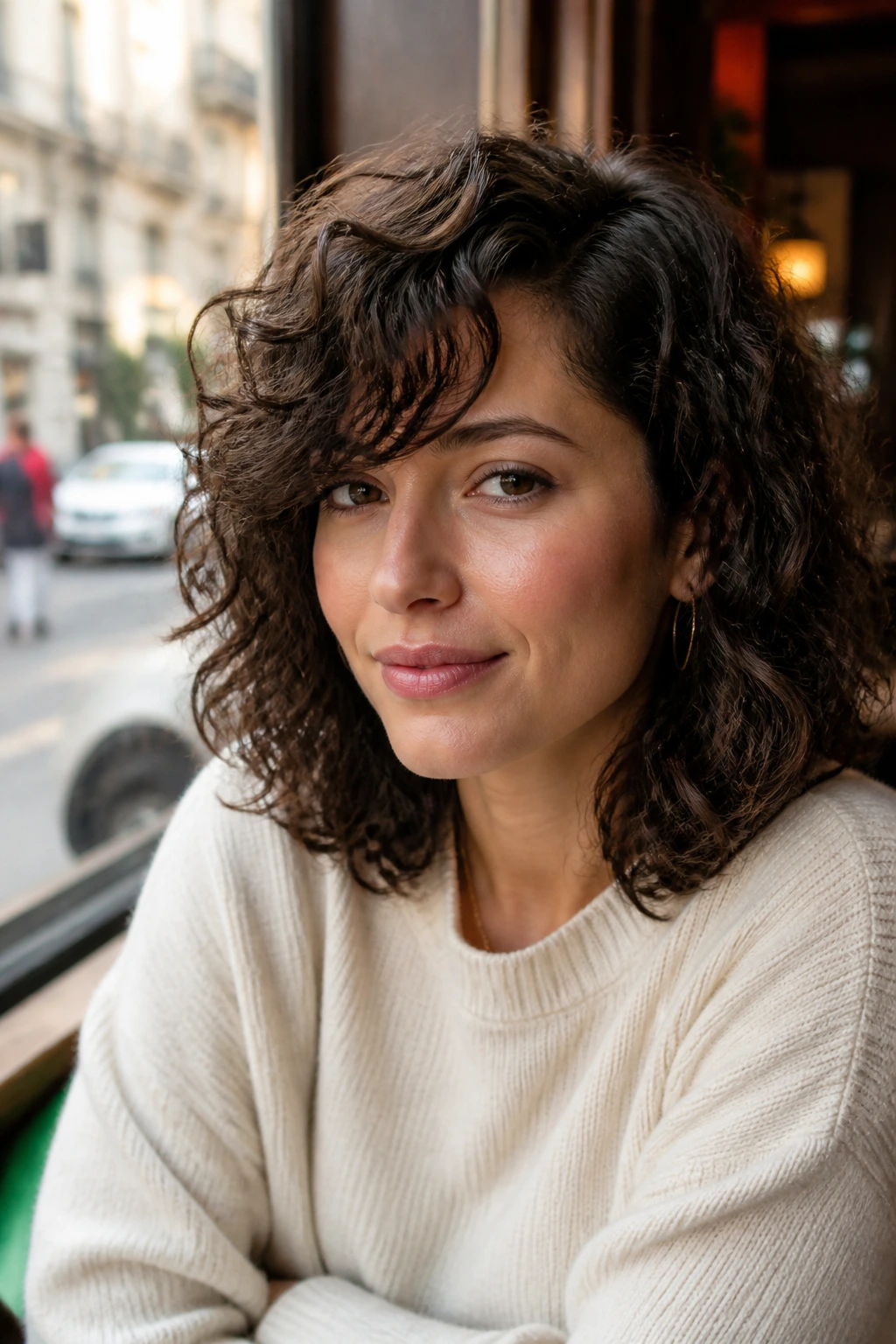 Close-up of a woman with side-parted curly lob and bottleneck bangs