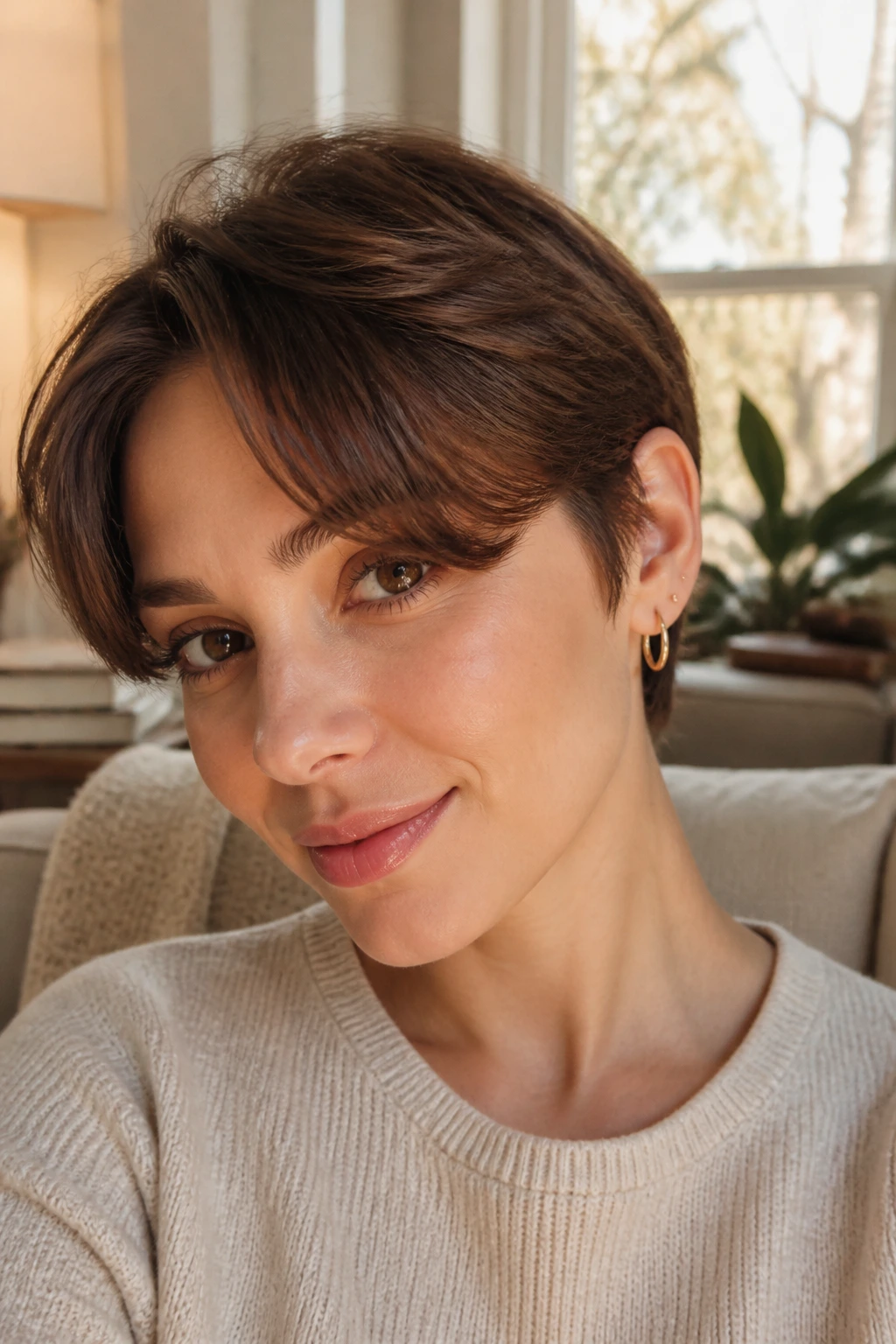 Portrait of a person with side-parted curtain bangs on a short crop in a cozy room