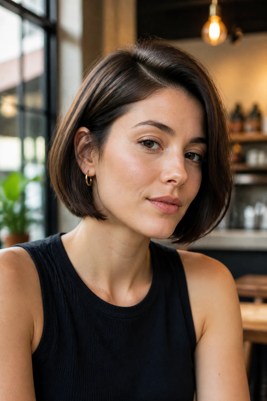 Close-up real woman with side-parted French bob