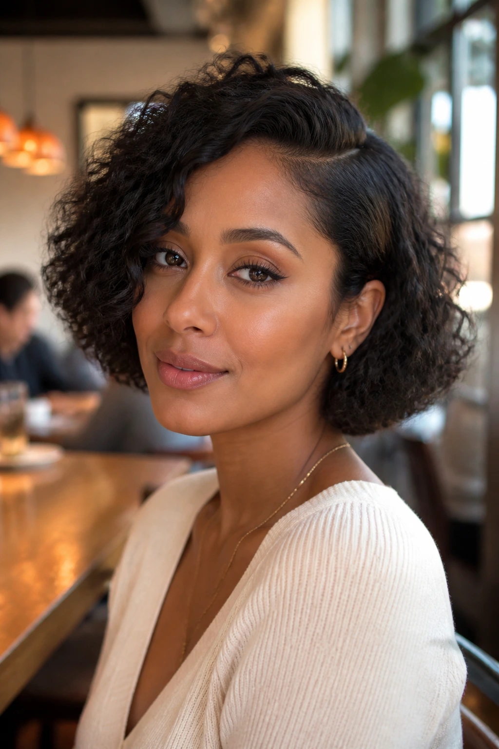 Portrait of a person with a side-parted French bob in a cafe setting.
