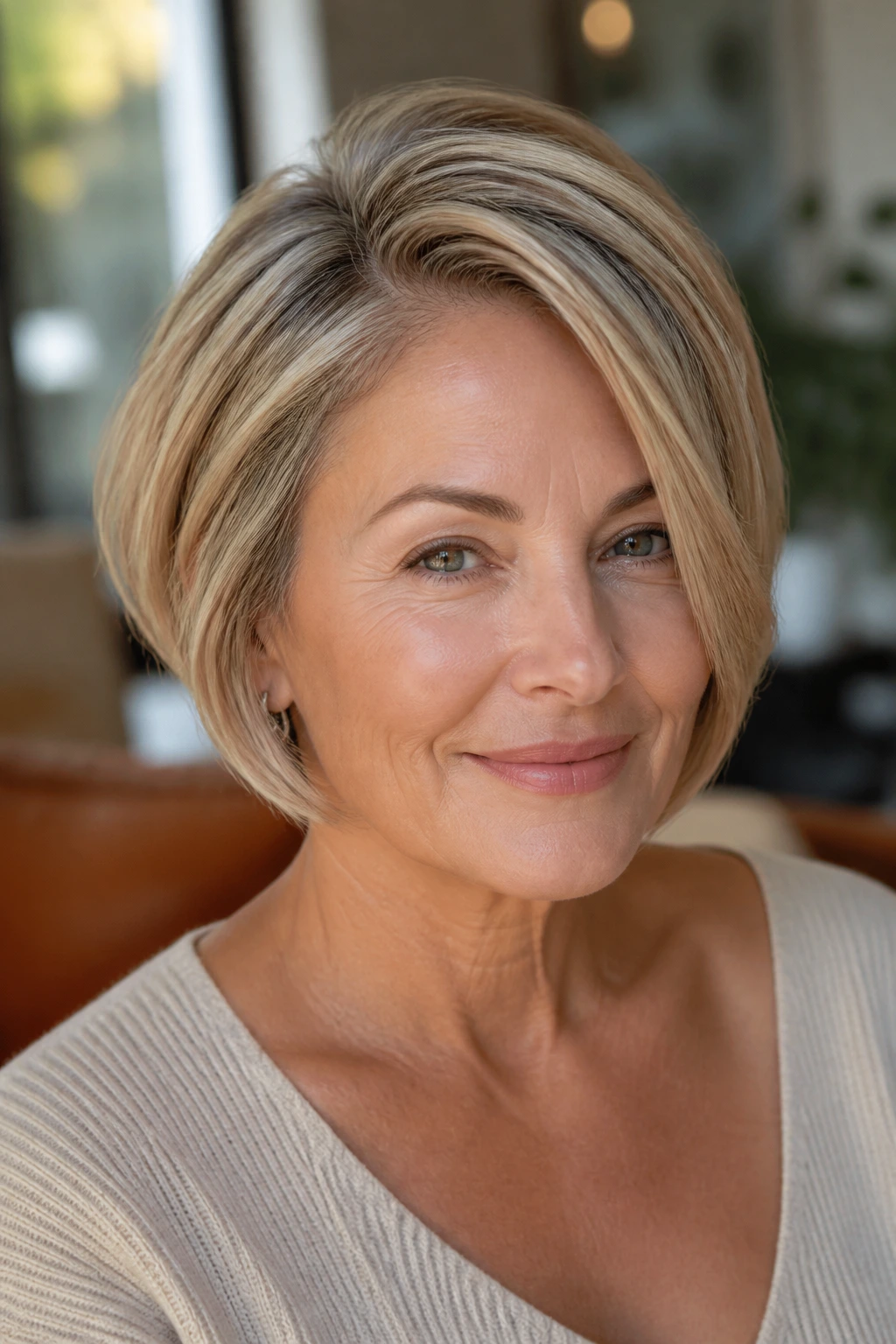 Close-up of a real woman with a side-parted layered bob in warm window light.
