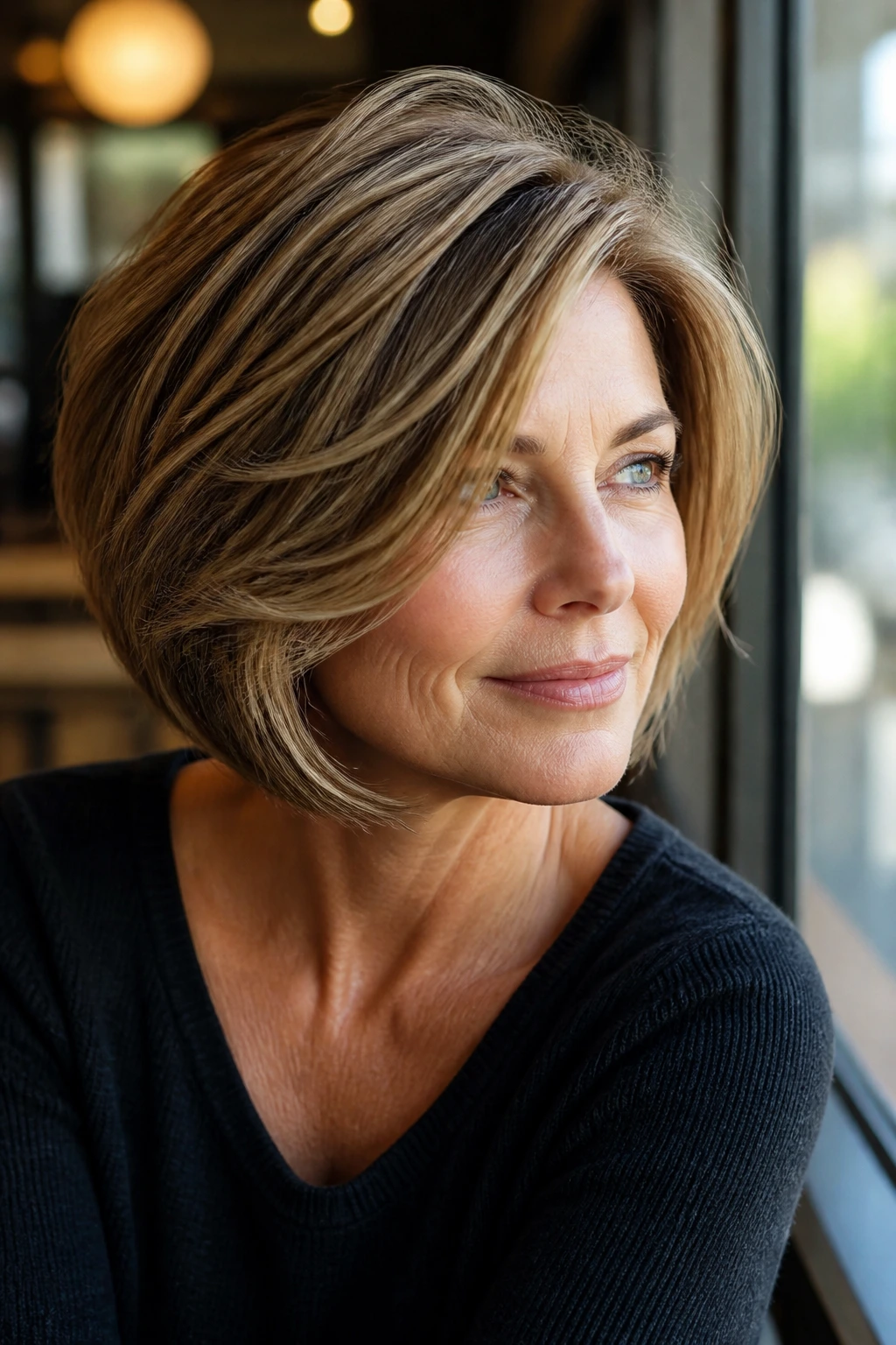 Portrait of a woman with a side-parted layered bob and volume