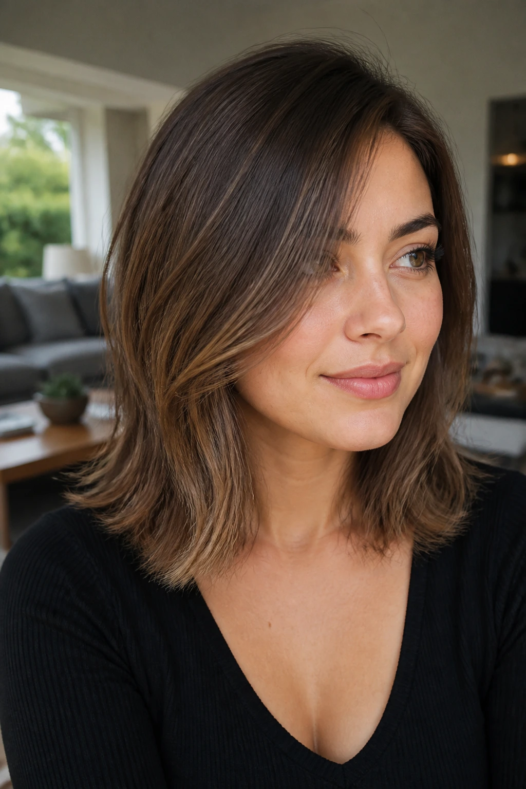 Close-up portrait of a real woman with side-parted shoulder-length layers past the cheeks