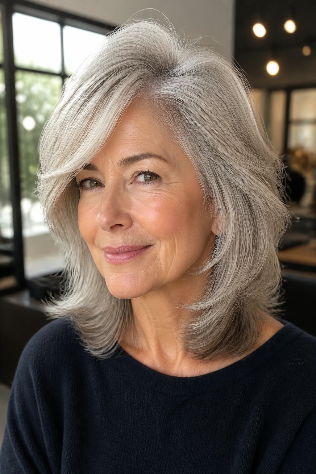 Real woman with side-parted layers and crown lift in a salon setting