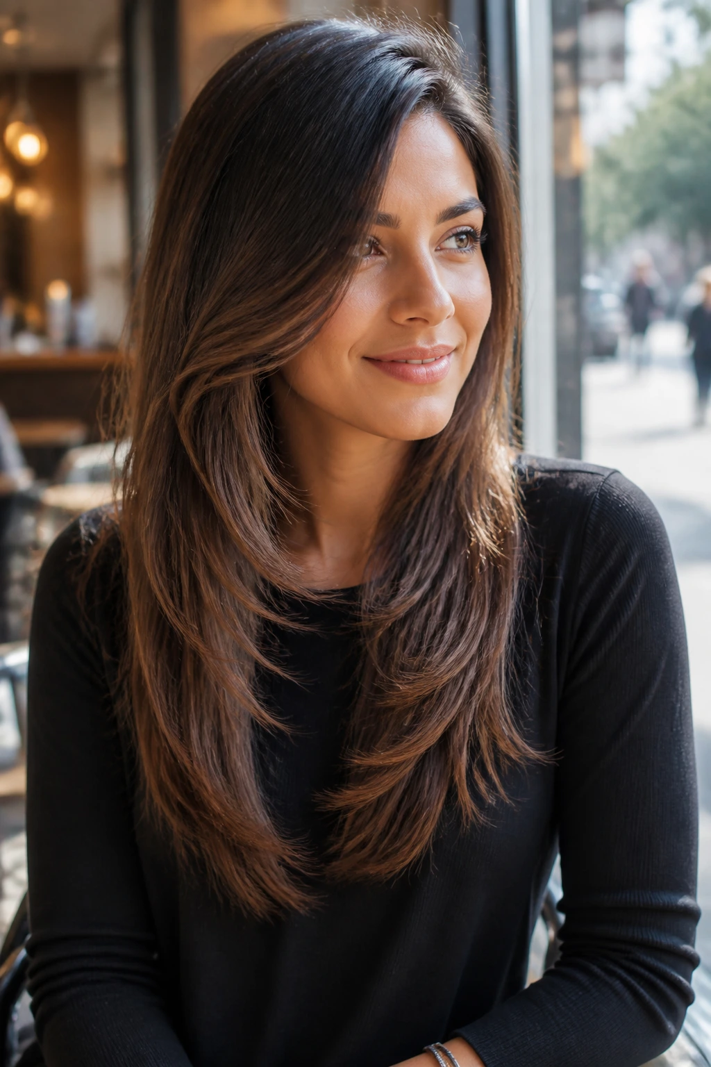 Portrait of a woman with a side part and long layered hair showing lift at the crown.