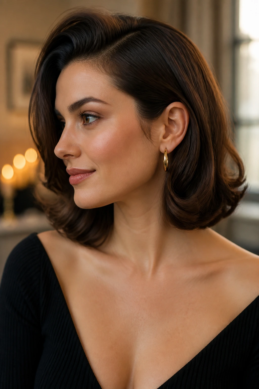 Close-up of a real woman with a deep side part and pin-curled lob