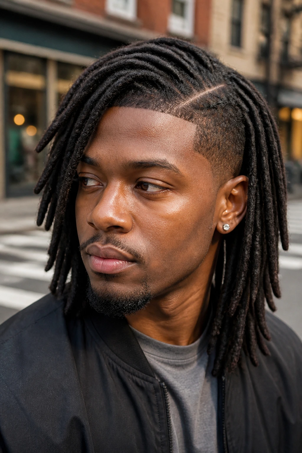 Portrait of a man with a side-parted locs hairstyle outdoors.