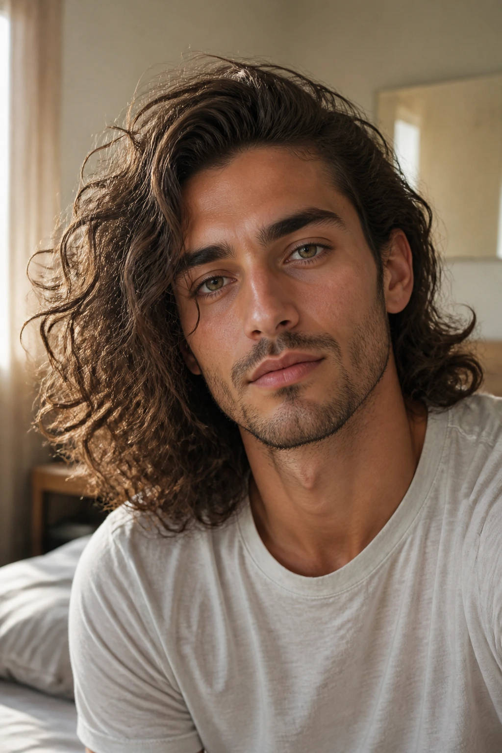 Close-up portrait of a man with a soft side-parted long curly hairstyle in natural window light
