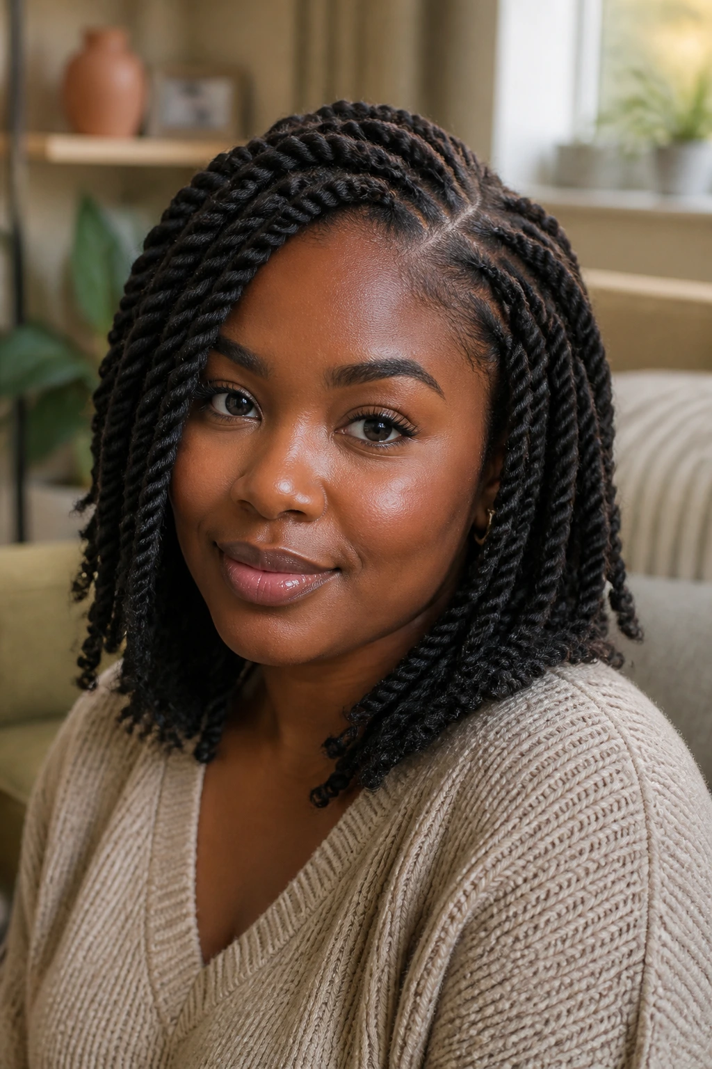 Side part with medium twists framing the face on a real person