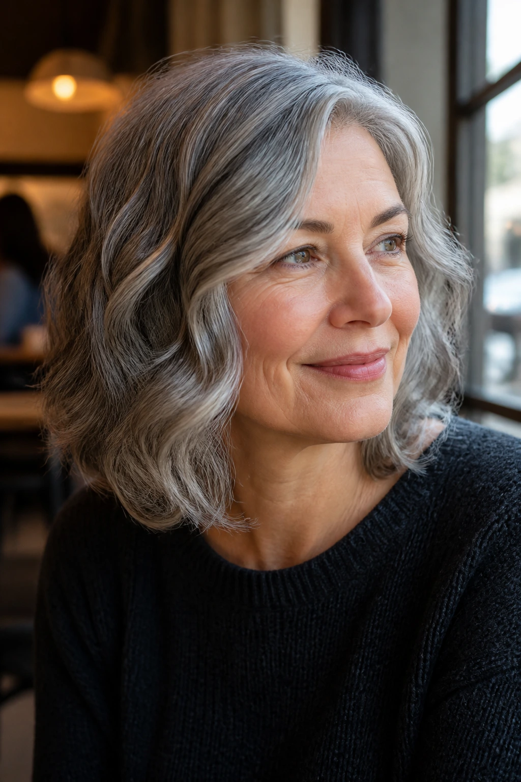 Portrait of woman with side-parted wavy gray midi cut and soft beveled ends
