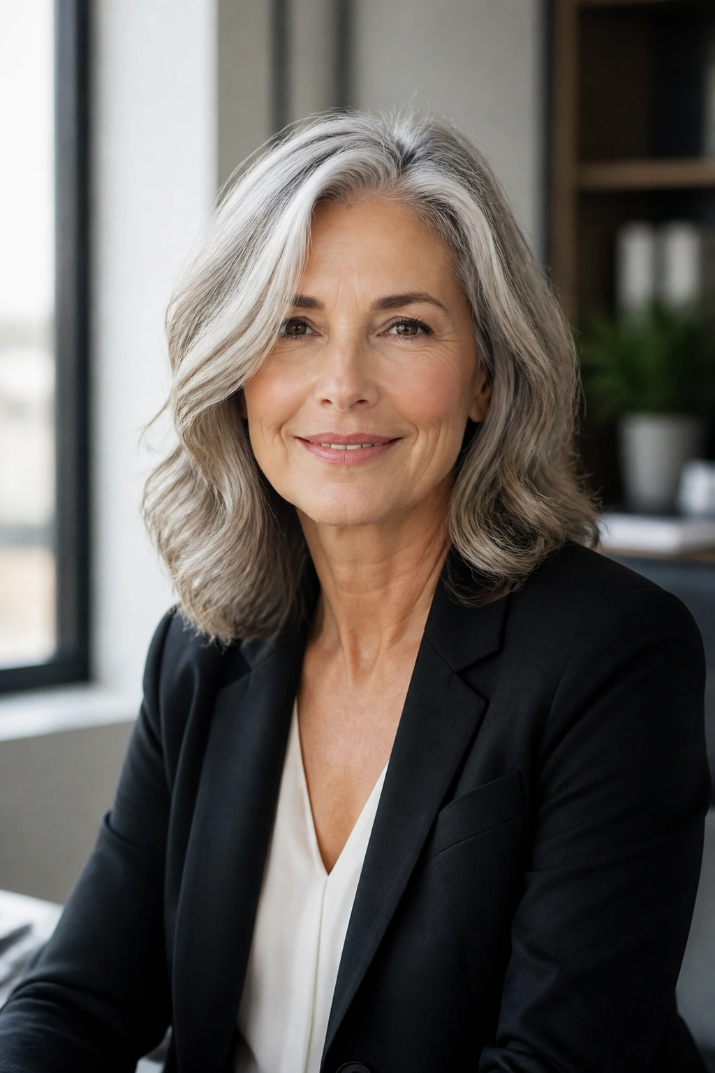Portrait of a woman with side-parted midi cut in office setting
