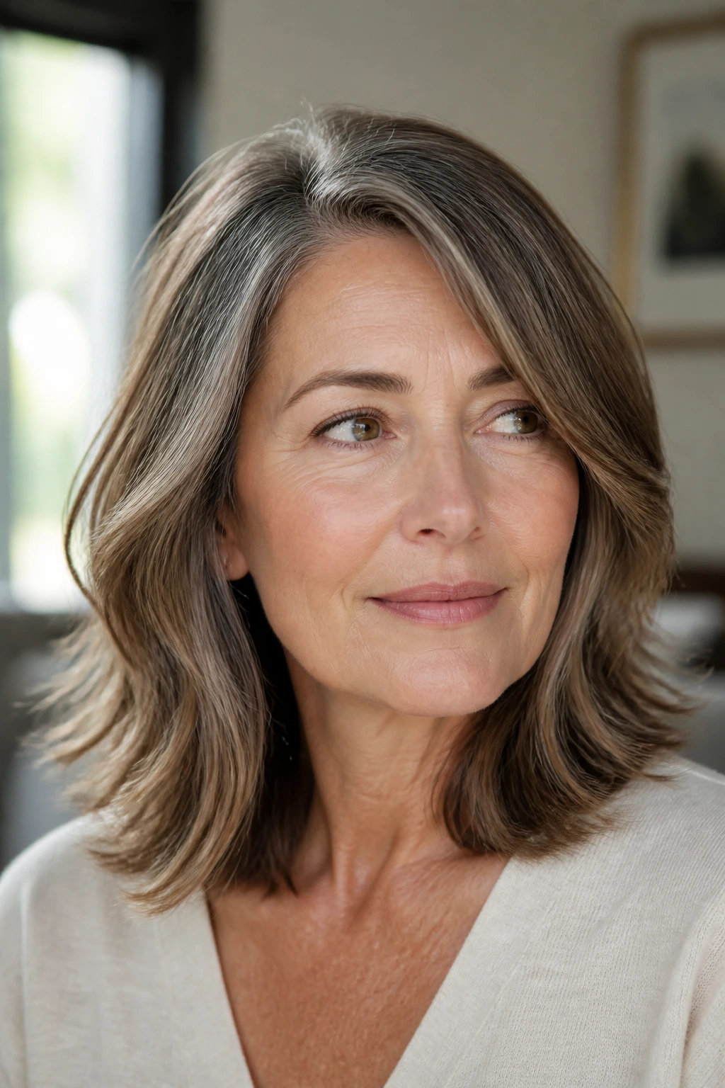 Close-up of a real woman with a side-parted midi cut showing hidden weight removal
