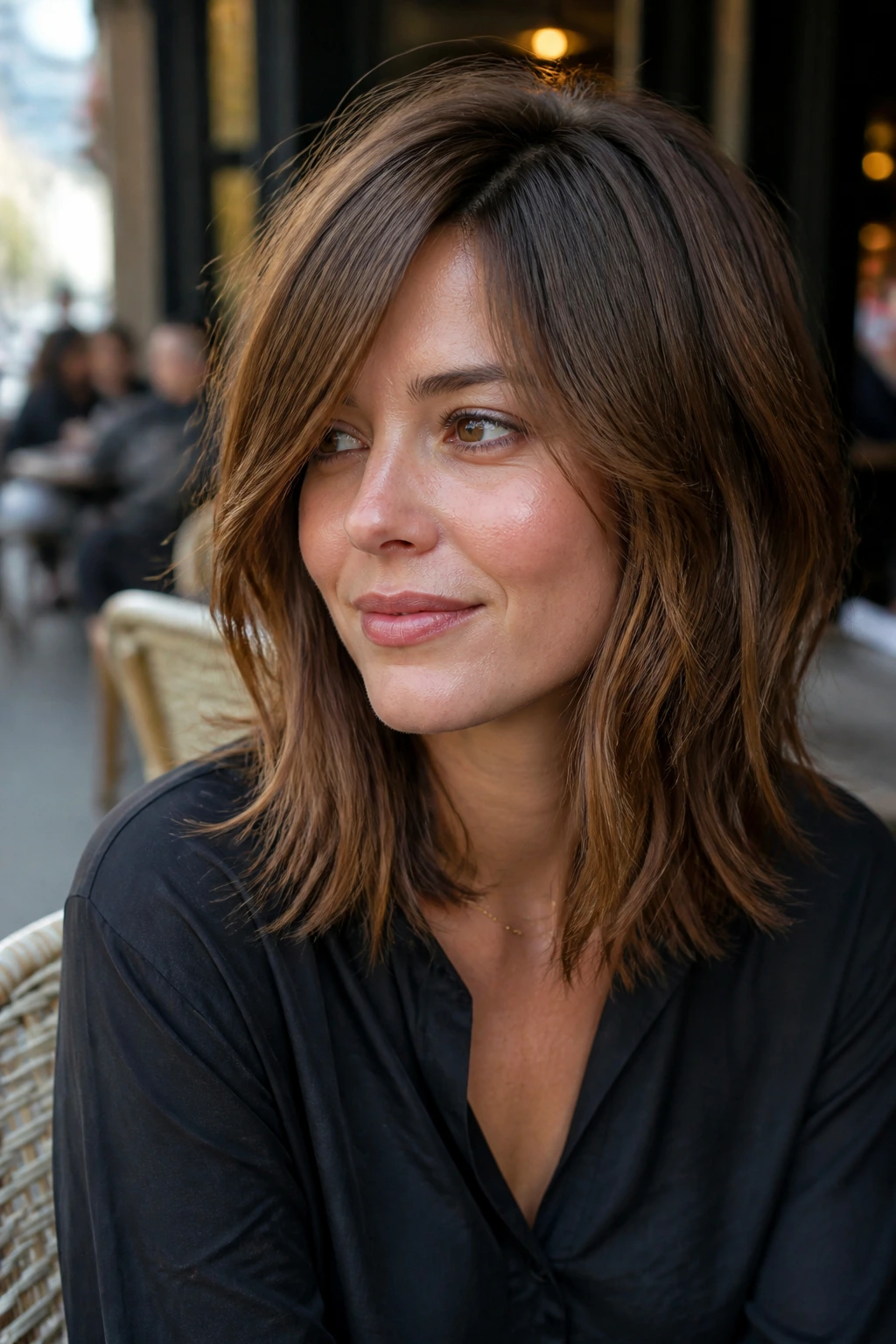 Portrait of a woman with a side-parted midi shag
