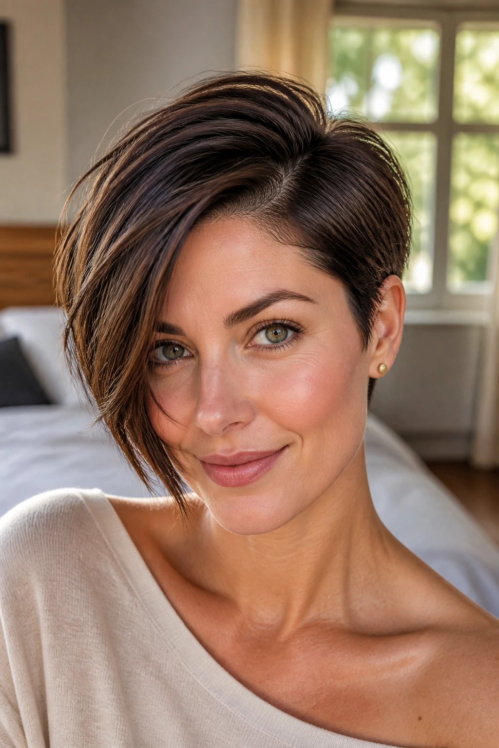 Close-up of a real woman with a deep side-part pixie and crown lift in warm window light