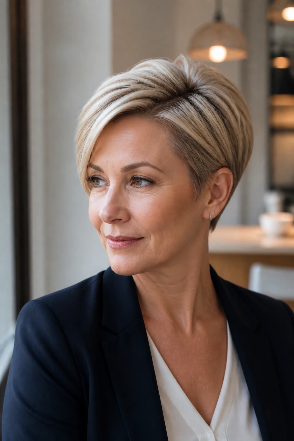 Close-up portrait of a real woman with side-parted elegant pixie