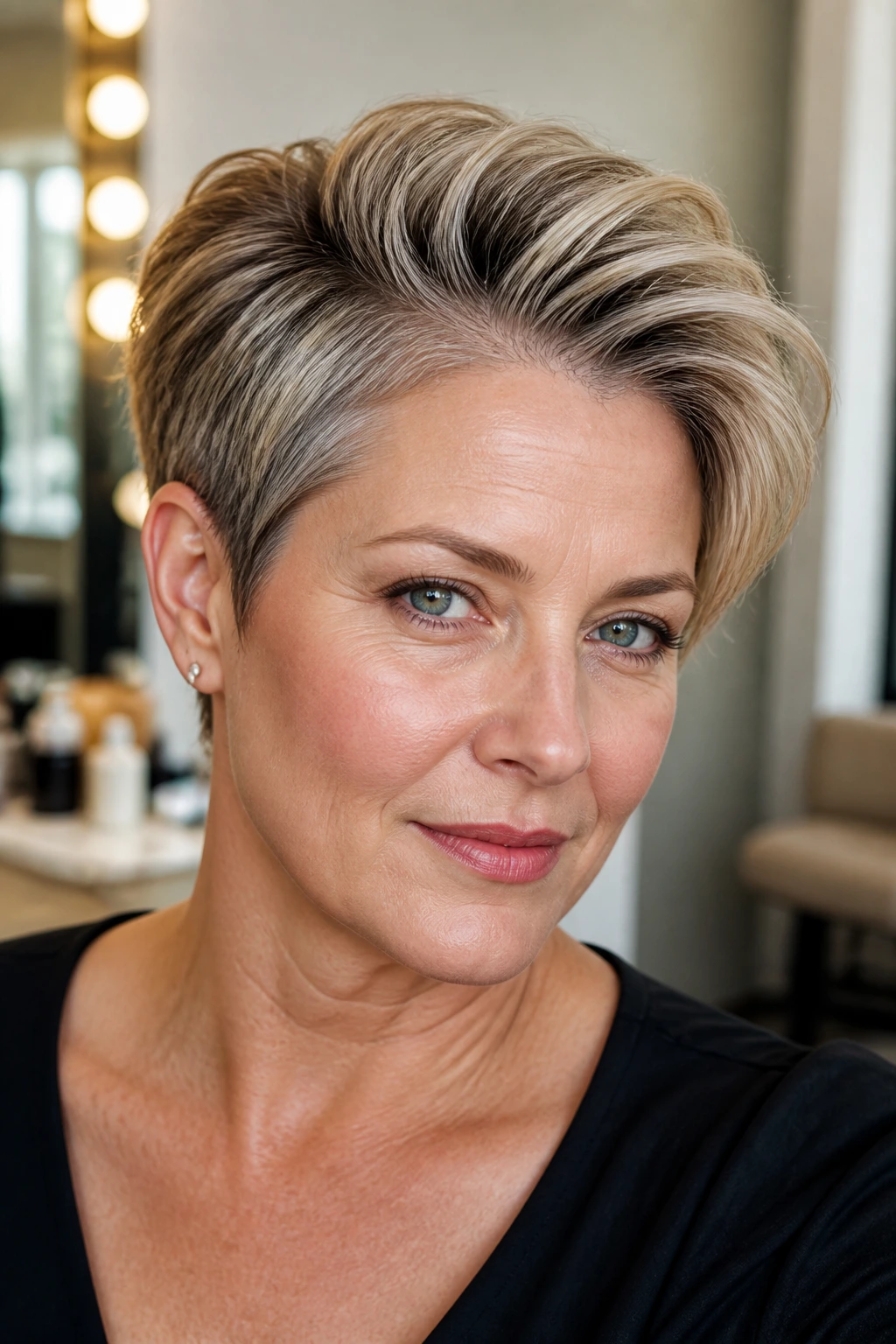 Close-up of a real woman with a deep side part and lifted roots pixie