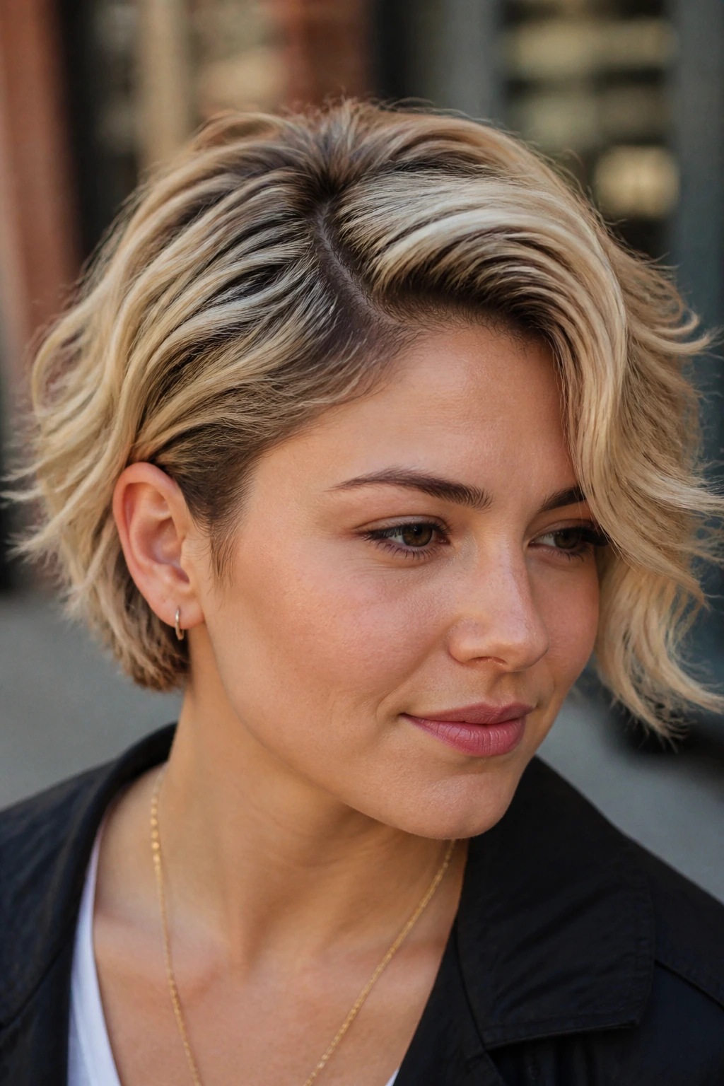 Portrait of a real woman with a side-parted rooted blonde crop in warm outdoor light