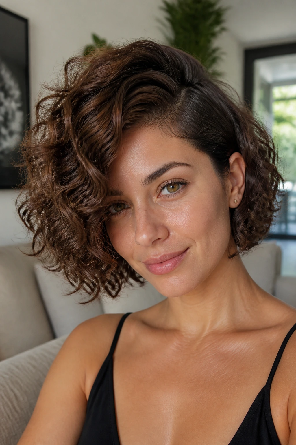 Close-up of a real woman with a side-parted sculpted curly bob