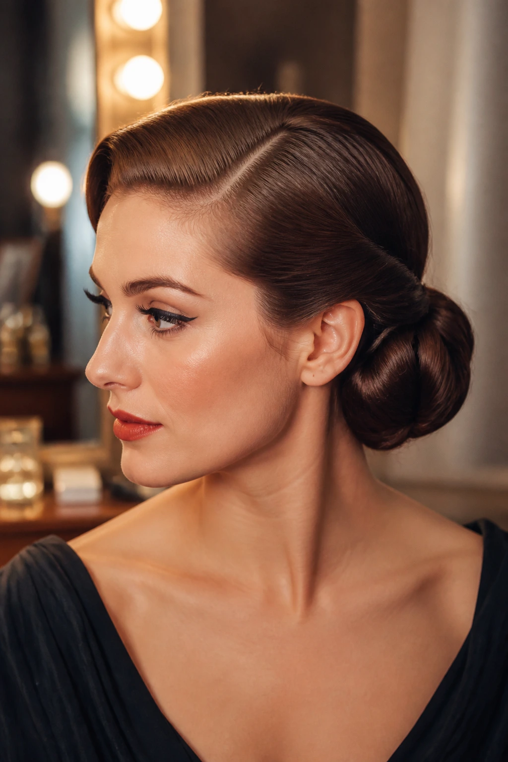 Portrait of a real woman showing a deep side part and sculpted low bun