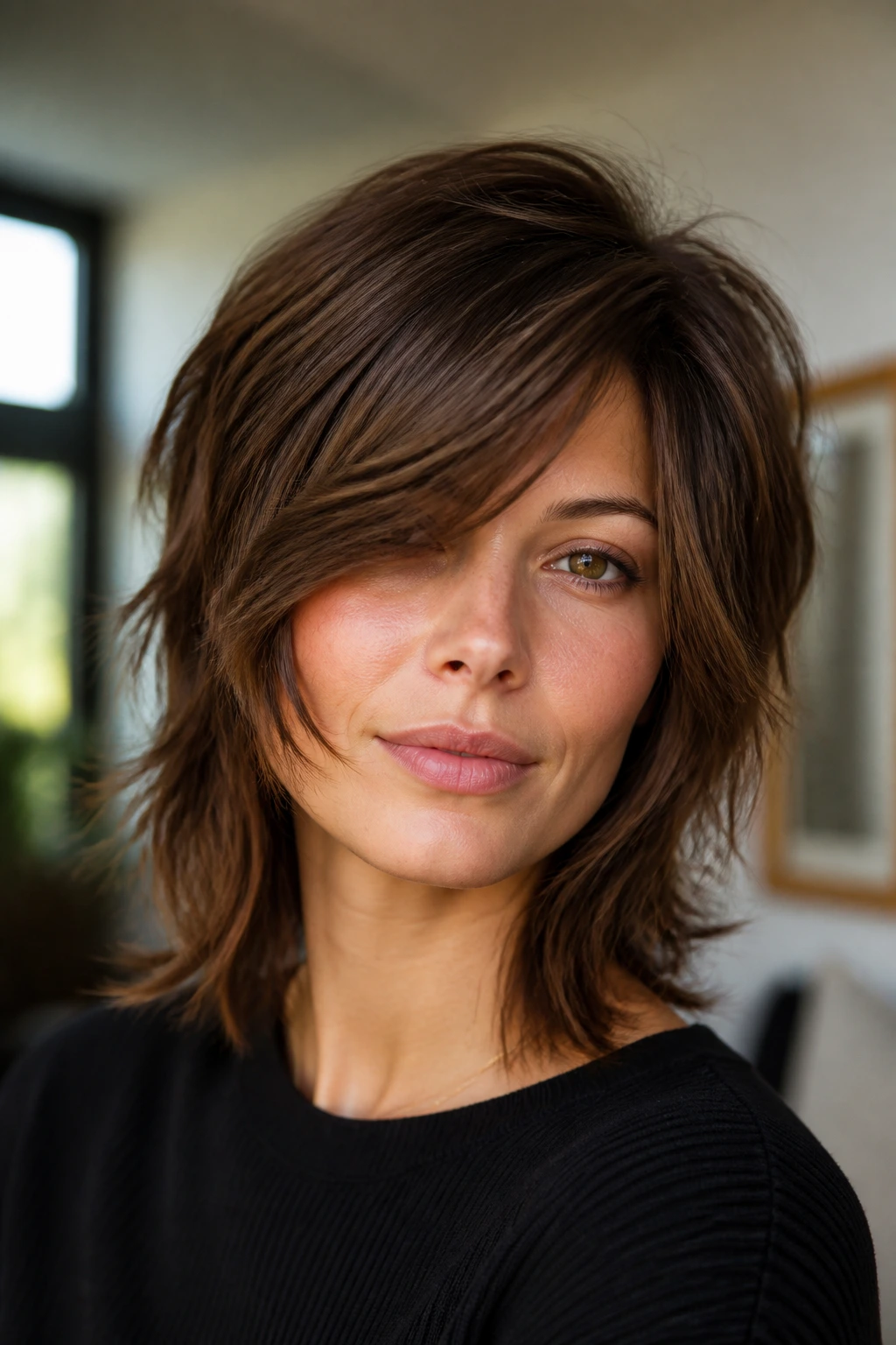 Portrait of a woman with side-parted shag and cheekbone pieces in natural light