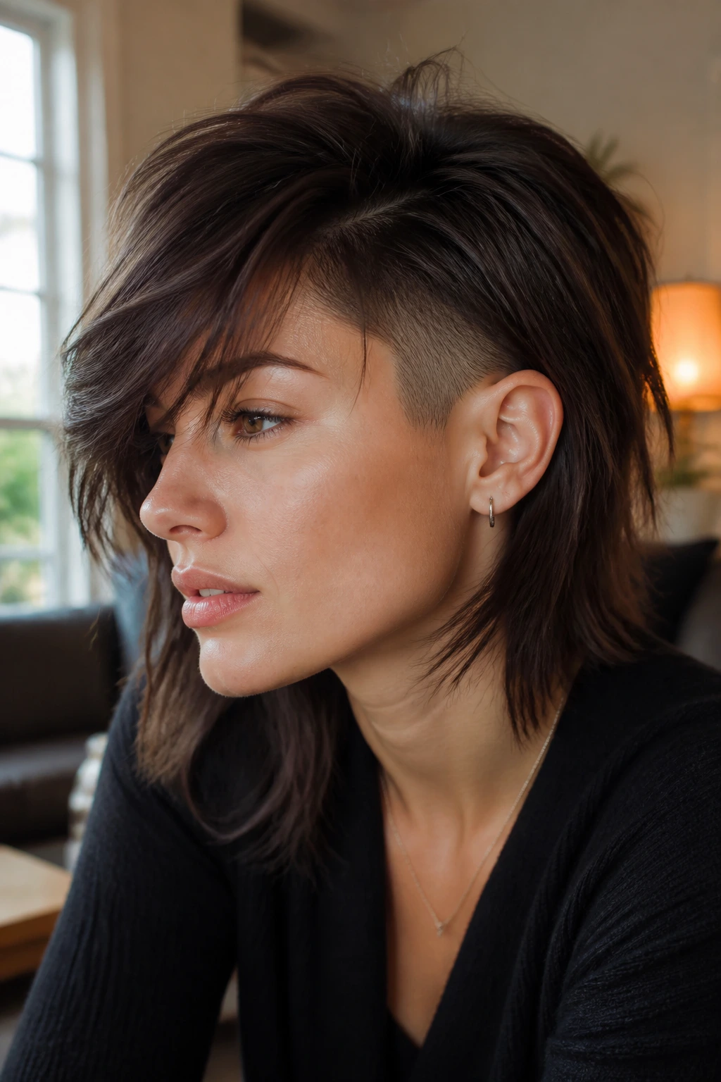 Real woman wearing side-parted shag with underlayer shave
