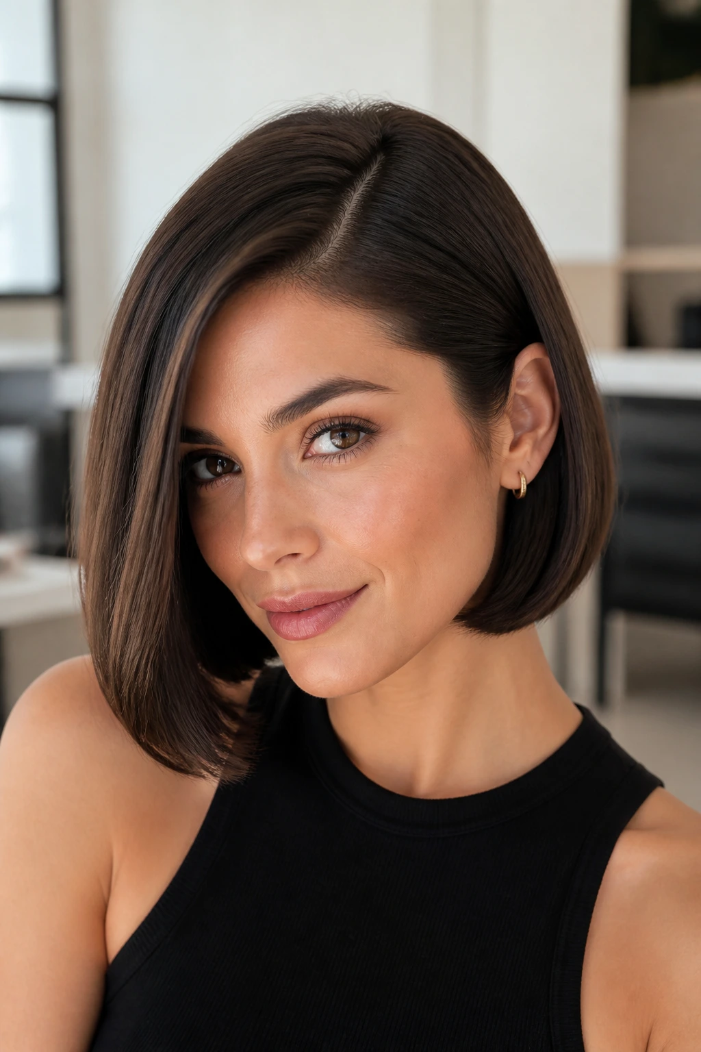 Close-up of a real woman with a side-parted sleek bob and smooth texture.