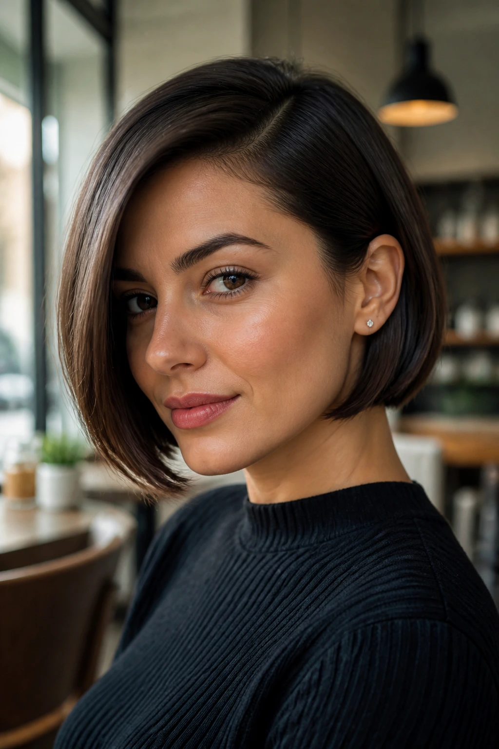 Close-up portrait of a real person with a side-parted sleek bob