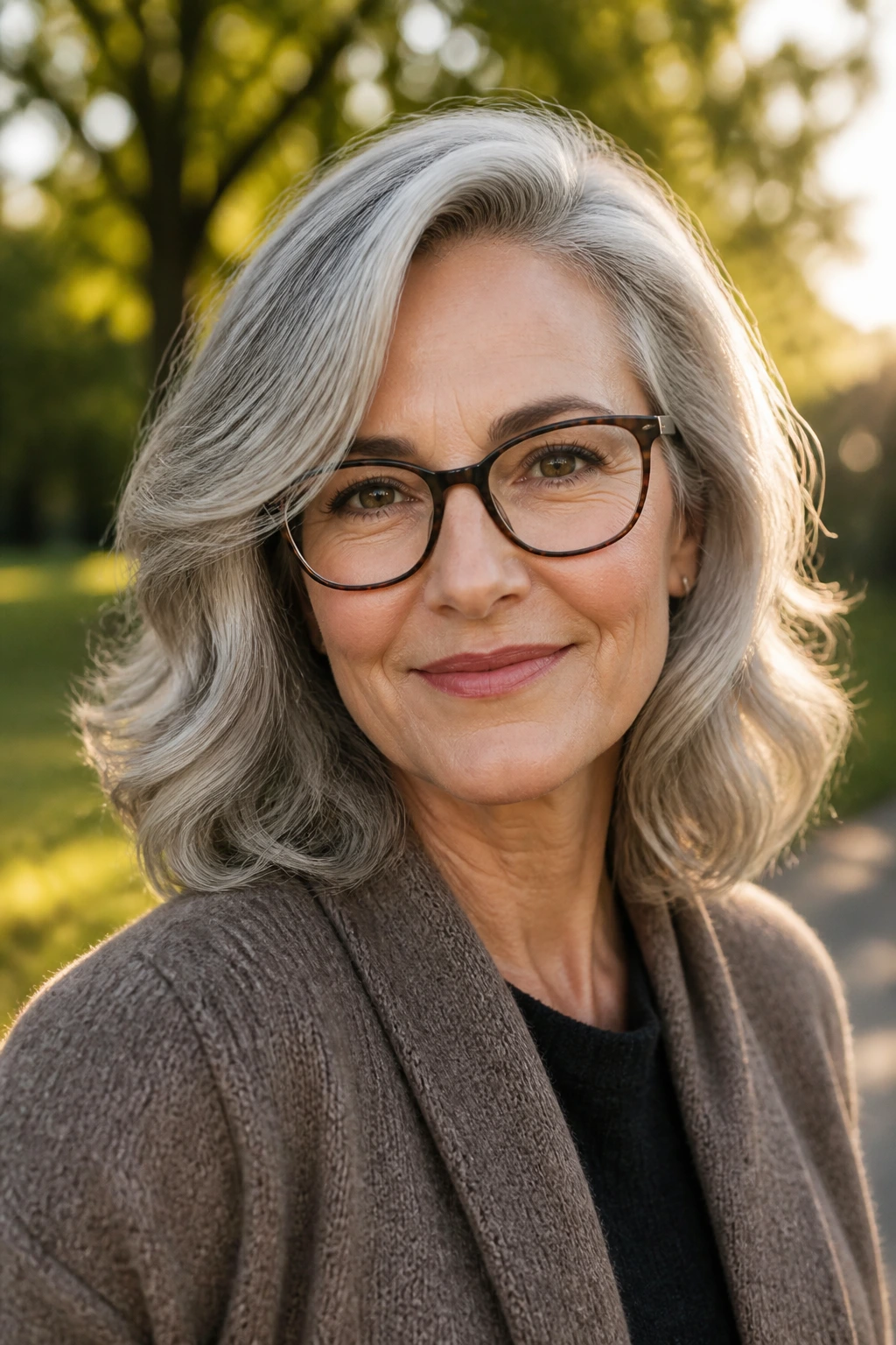 Medium close-up of a real woman with side-parted soft waves and glasses.