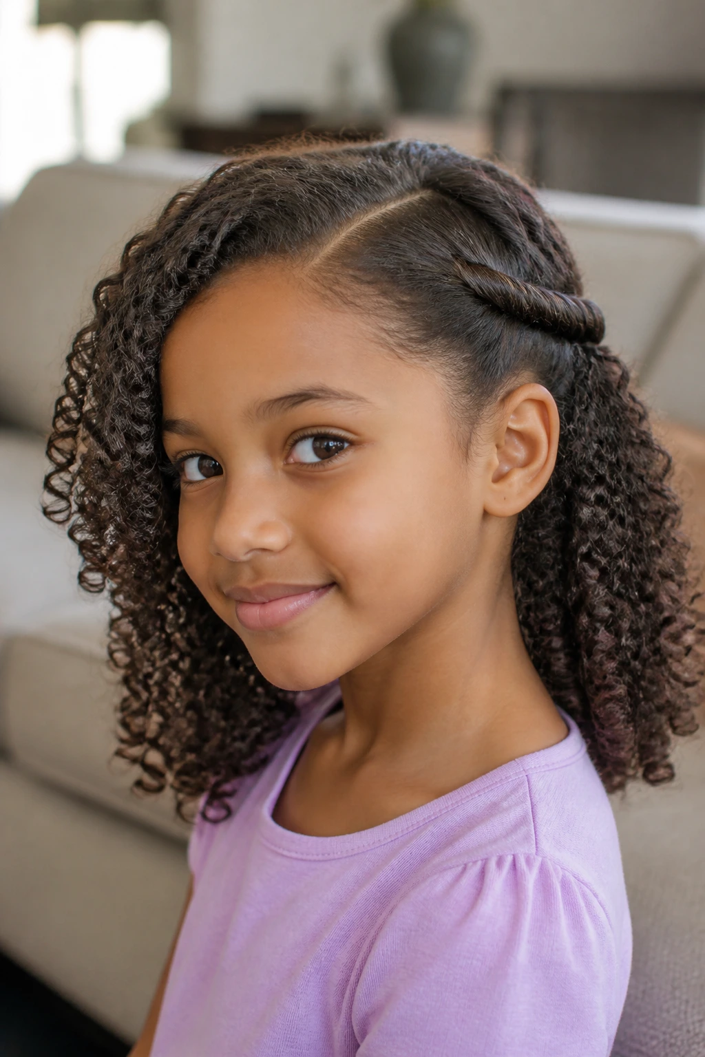 Child with side-parted twist-back hairstyle in a warm indoor setting.