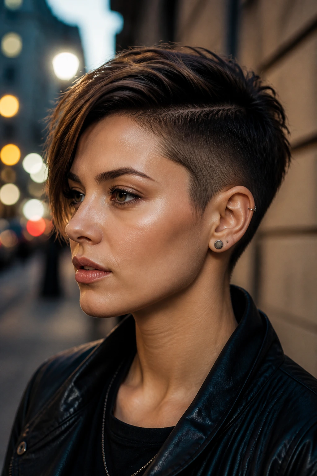 Close-up of a woman with a deep side-part and visible undercut pixie