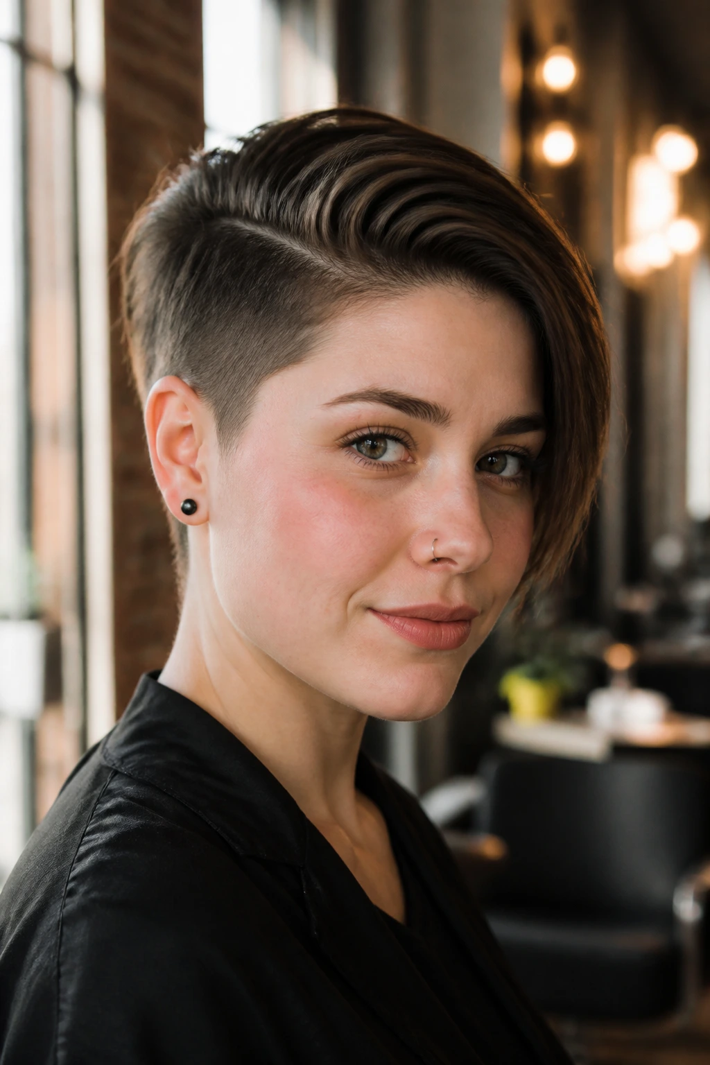 Close-up portrait of a real person with a deep side-parted undercut pixie in a warm window-lit modern salon