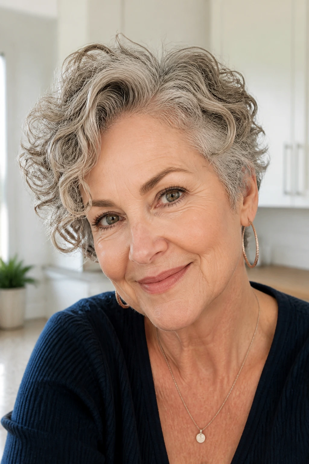 Close-up of a real woman with side-parted volume crop showing lifted roots in bright kitchen light