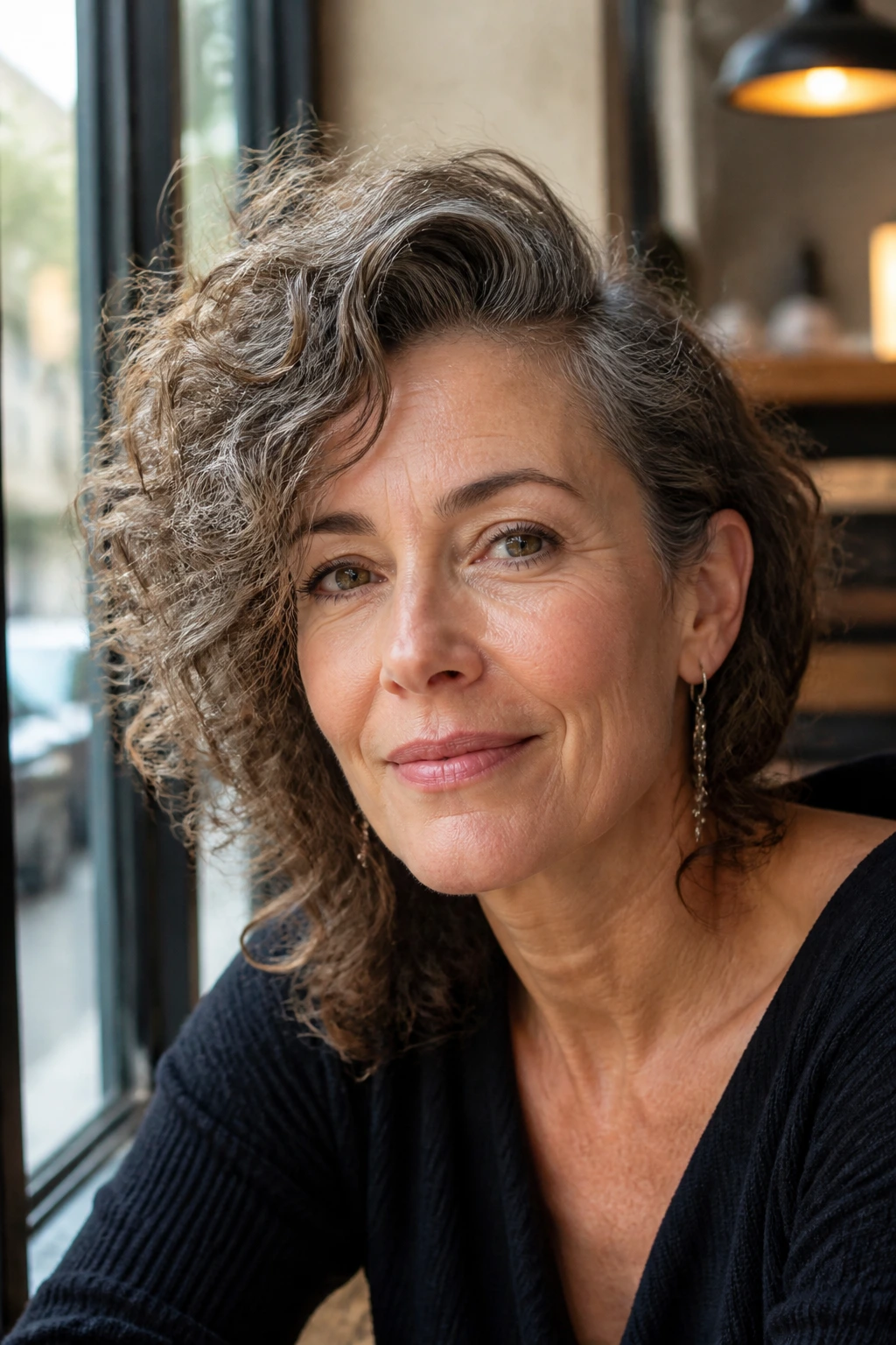 Close-up portrait of a real woman with side-parted volume shag