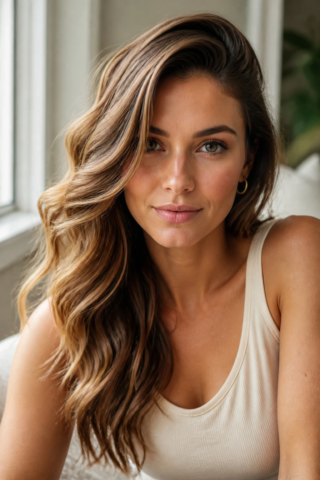 Close-up portrait of a real woman with a deep side part and flowing waves by a window