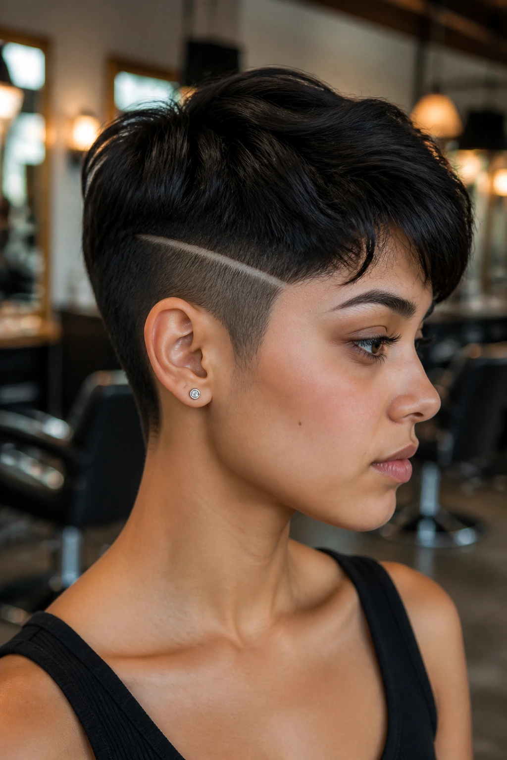 Close-up portrait of a real woman with a side-pattern undercut pixie and a single temple line on dark hair