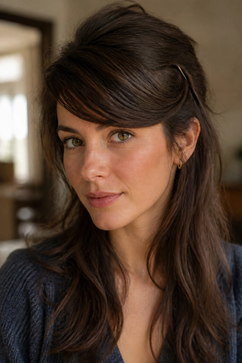 Close-up of a real woman with a soft side-pinned fringe.