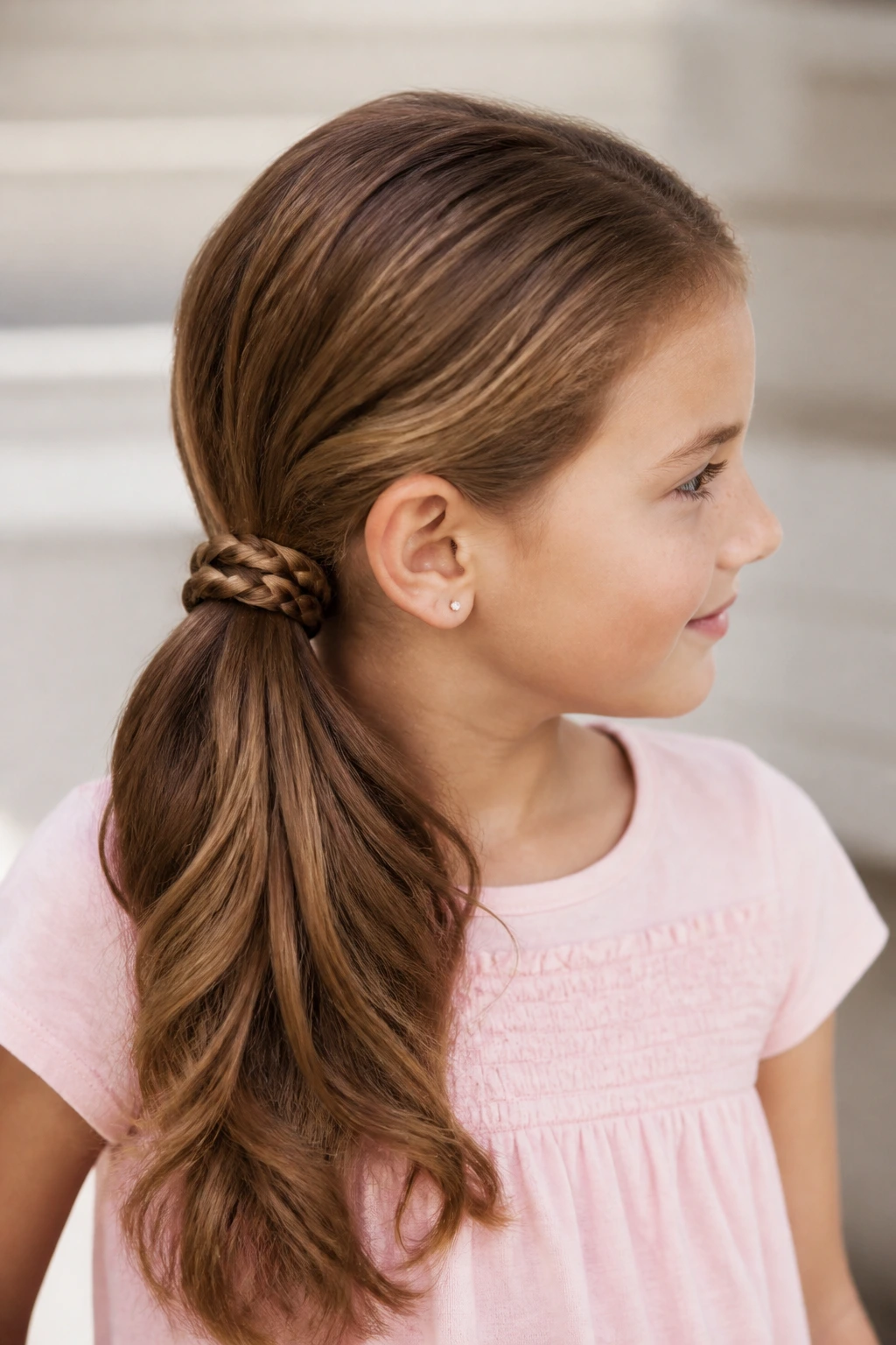 Side ponytail with braided wrap on a real girl